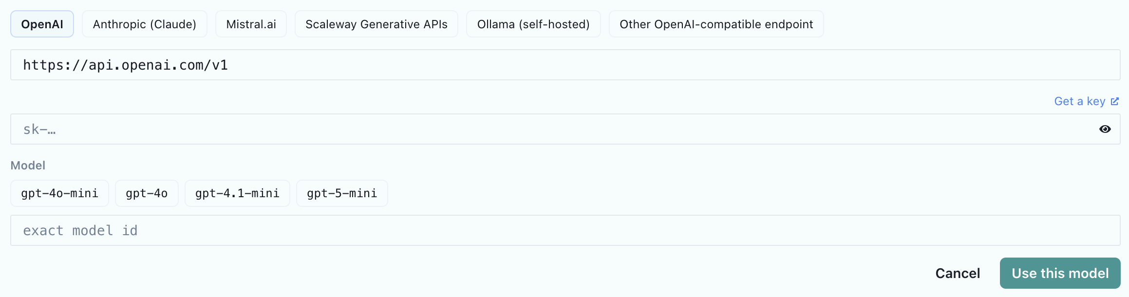 Using your own API key for a capability, billed by your provider at 0 platform credits