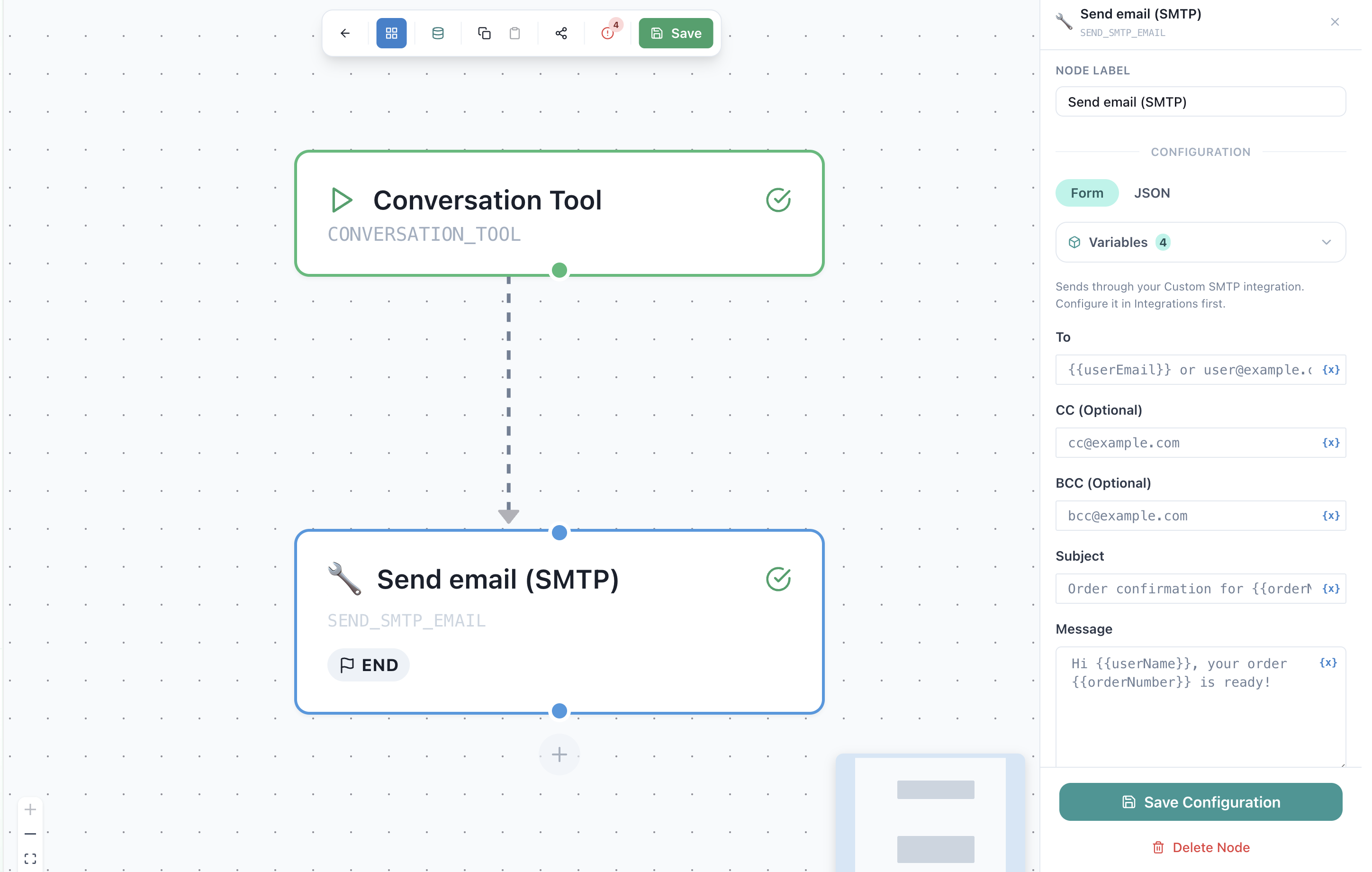 Send email (SMTP) action in a SmartFlow