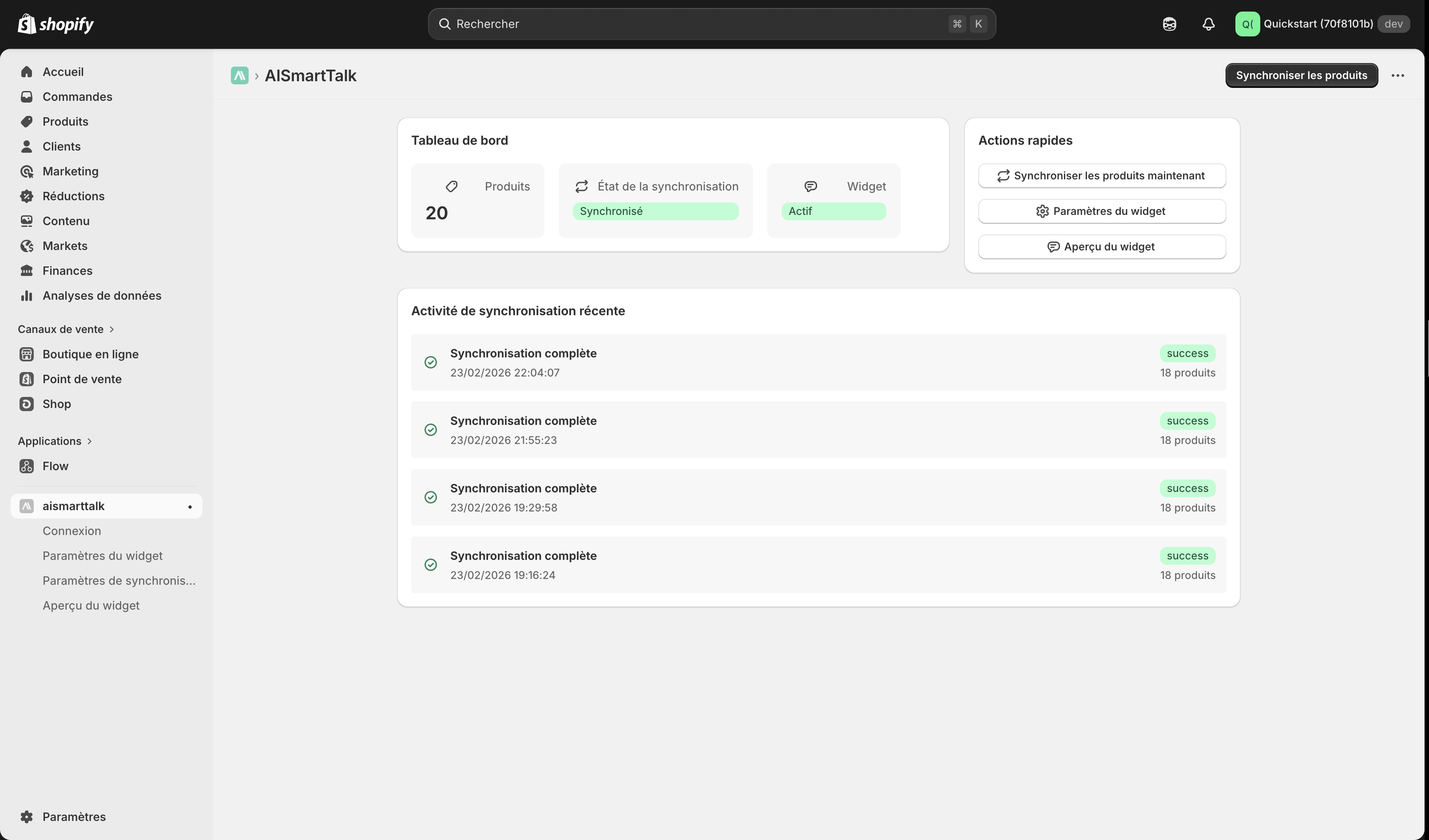 AI SmartTalk Shopify app — synkroniseringsstatus og aktivitet