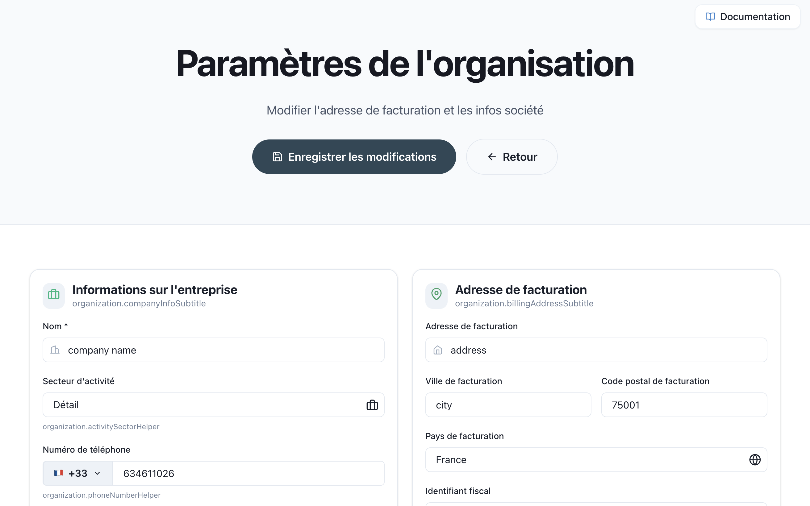 Paramètres de l'organisation