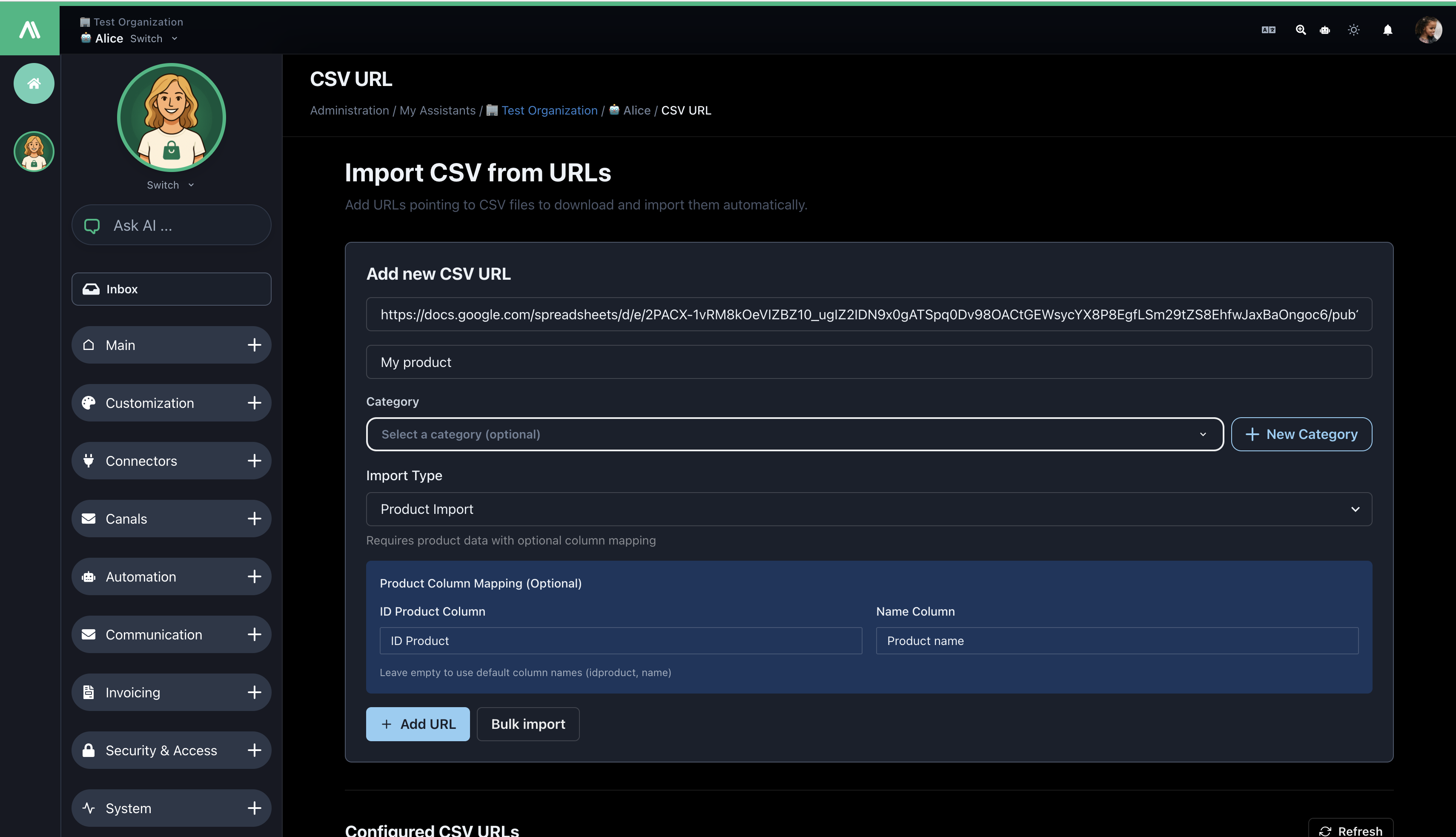 Einn CSV URL Innflutningsform