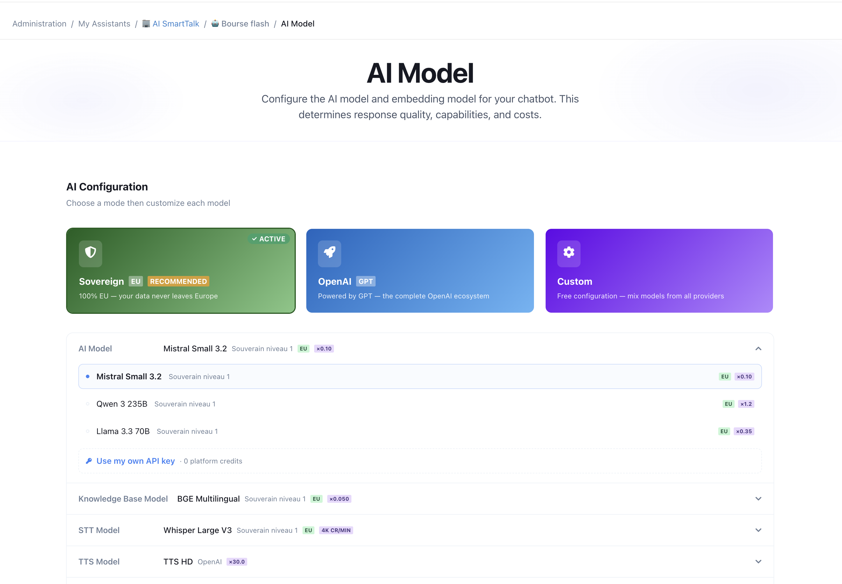 La pagina del Modello AI — modalità Sovrana, OpenAI e Personalizzata, con selezione del modello per capacità