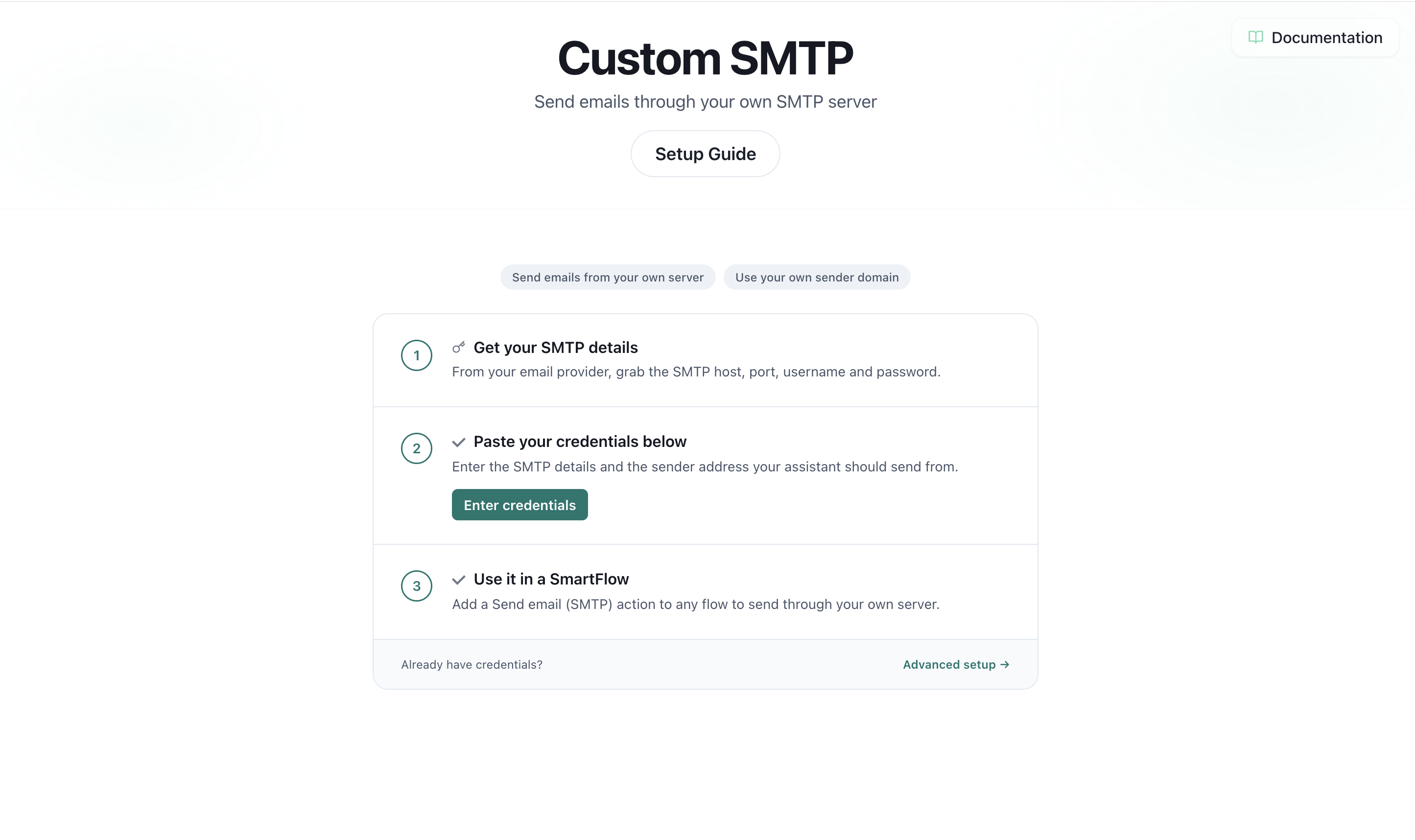 Custom SMTP integration page