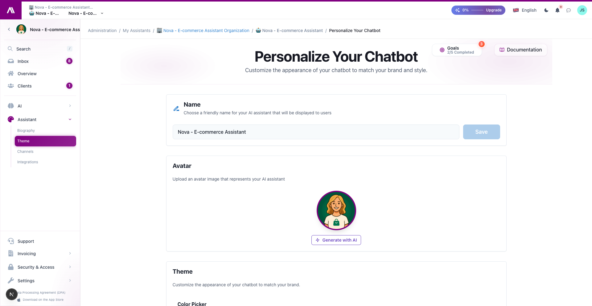 Theme page with brand colors