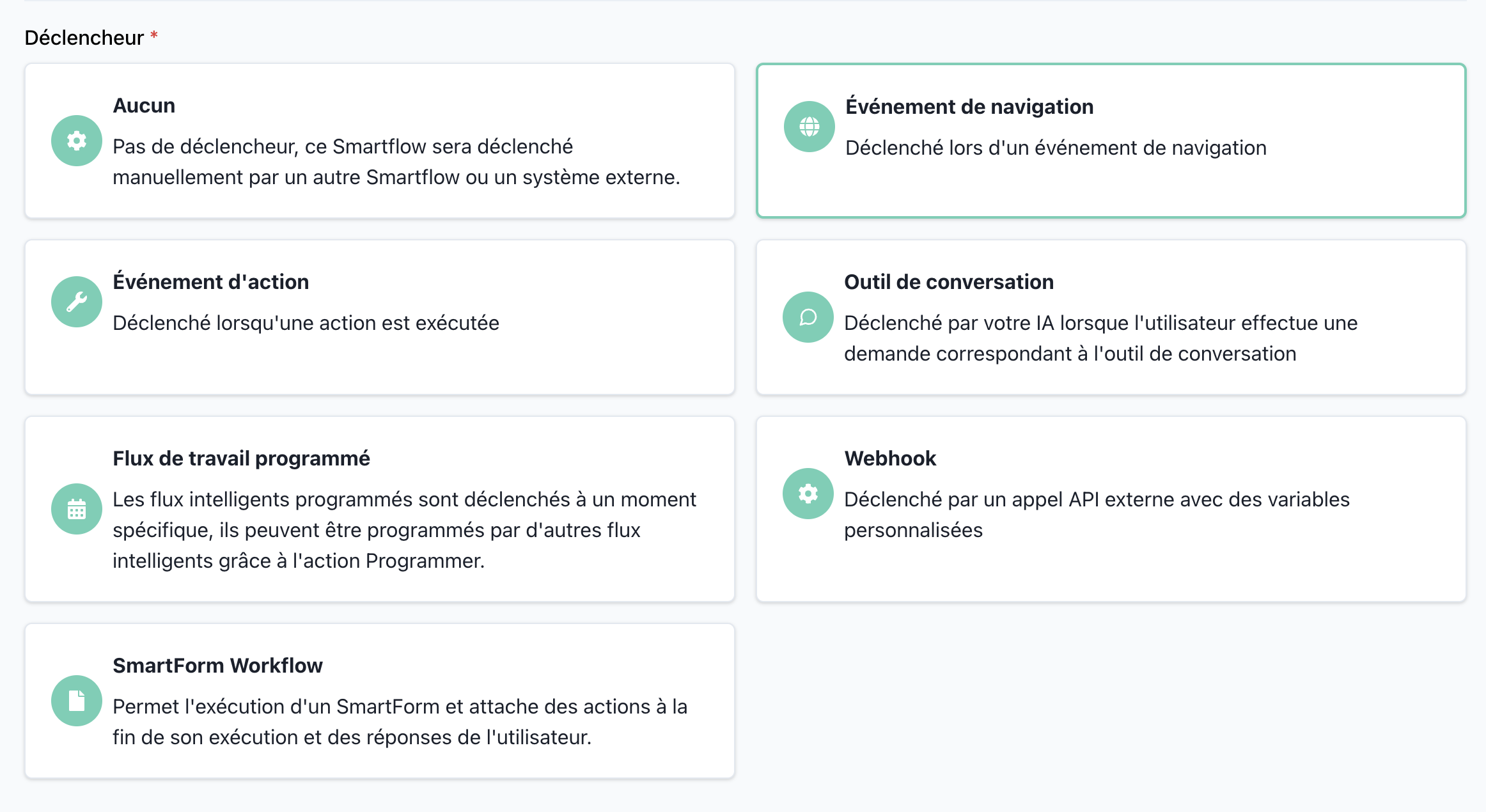 Tela de configuração de gatilho mostrando diferentes opções