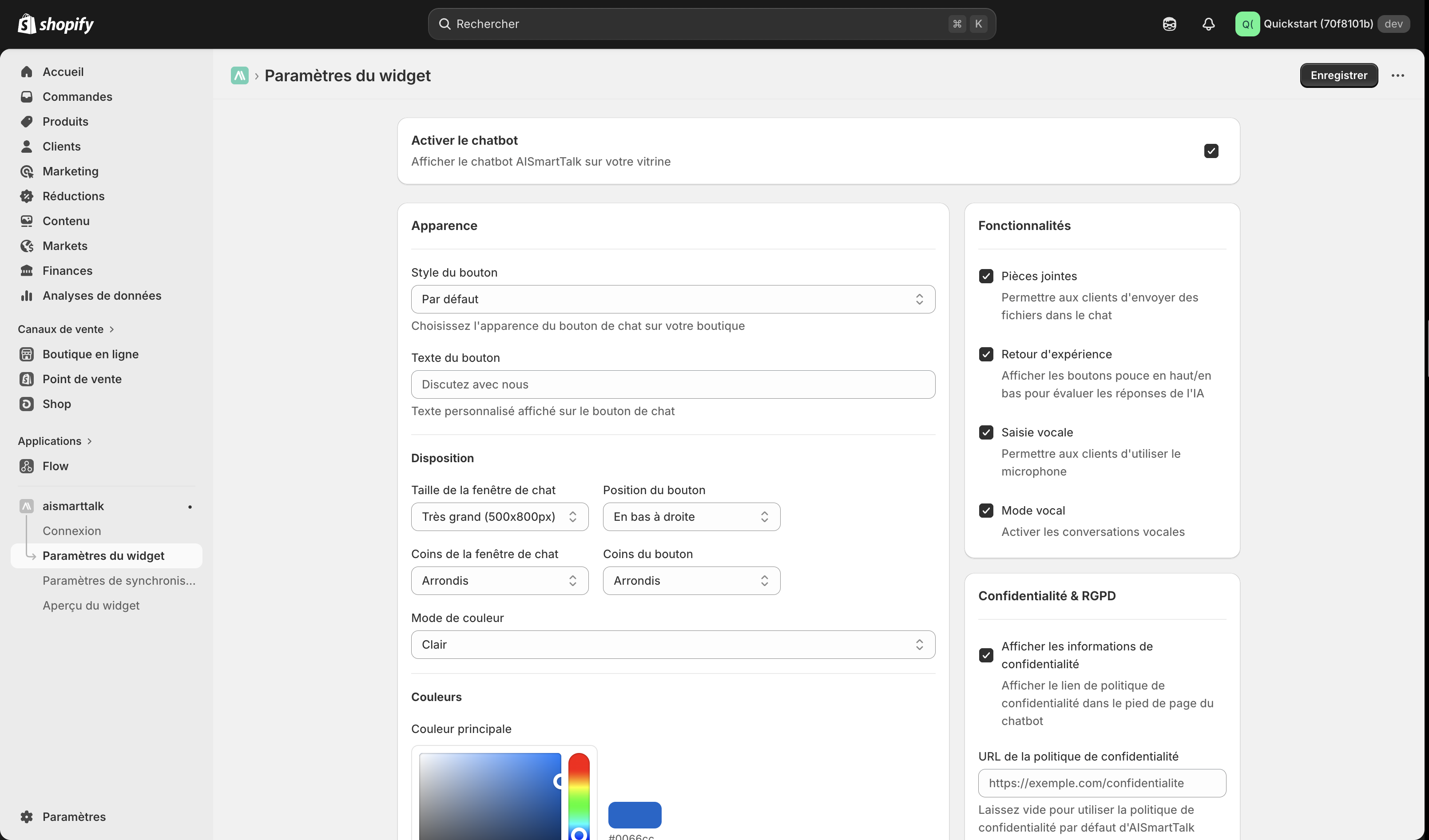 Parametri pripomočka Shopify chatbot